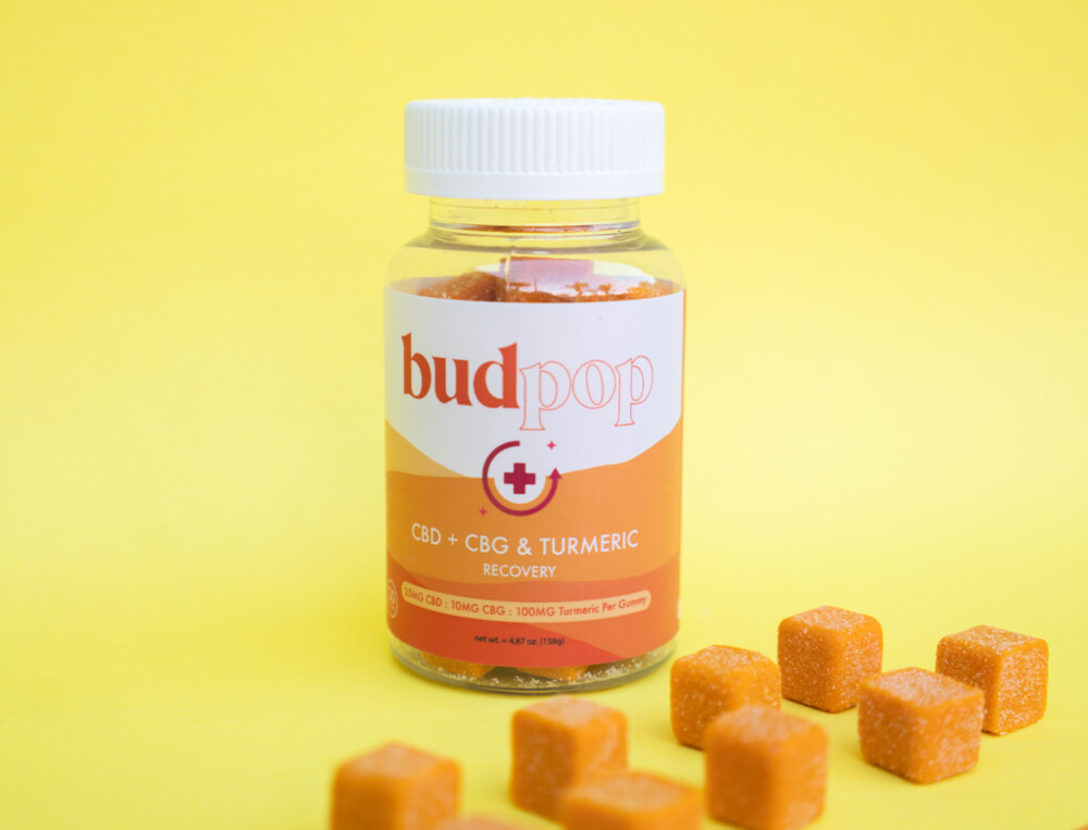 budpop cbd turmeric gummies yellow background arranged in array