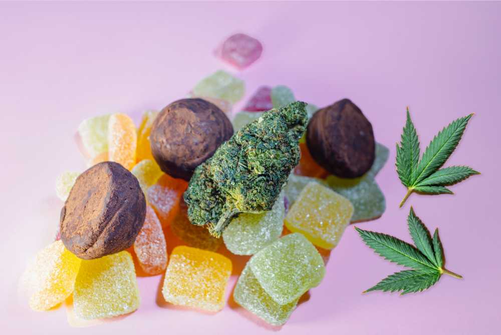 cannabis edibles gummies bon bons with small hemp leaves