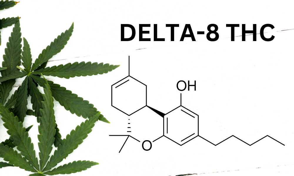 delta 8 thc chemical structure white background next to cannabis leaves