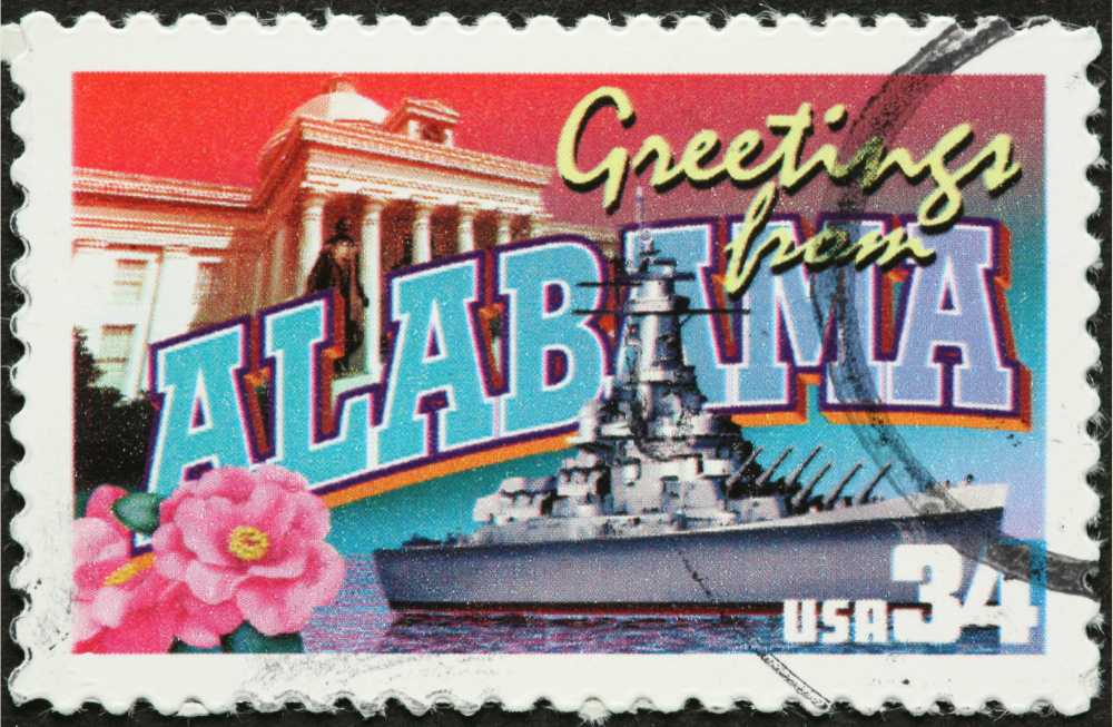 greetings from alabama state stamp