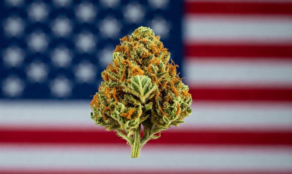 cannabis bud floating in front of american flag