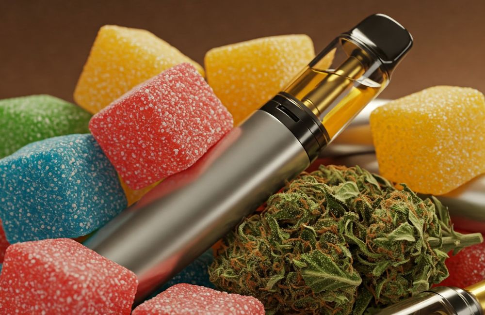 giant gummies vape pen cannabis flower piled together extreme closeup