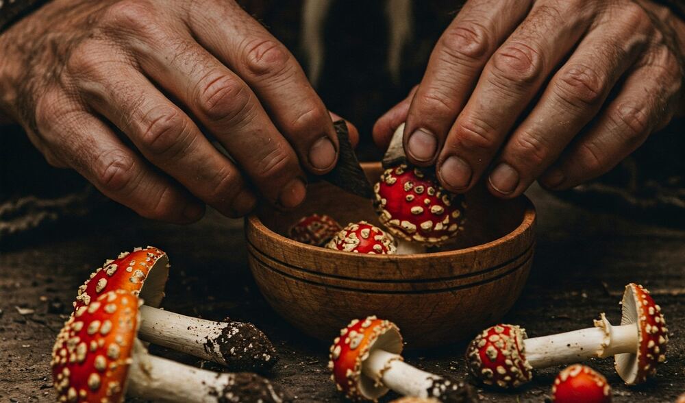 ancient hands using amanita muscaria mushrooms