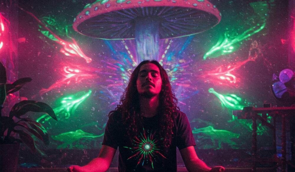 man with long hair having a psilocybin trip