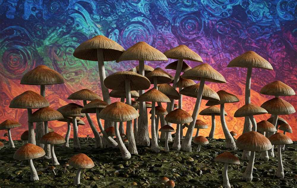 psilocybin mushrooms with trippy background