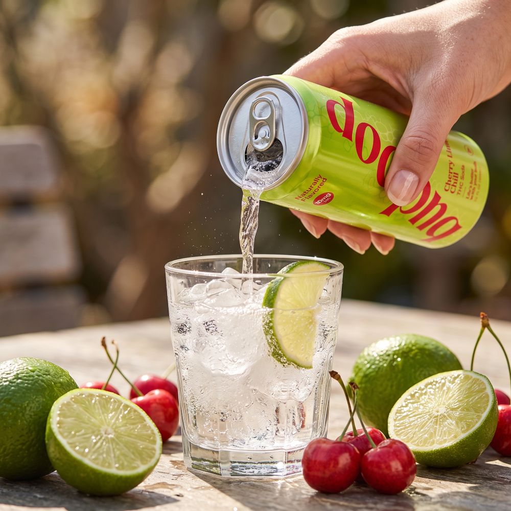 budpop cherry lime chill thc soda being poured into a glass