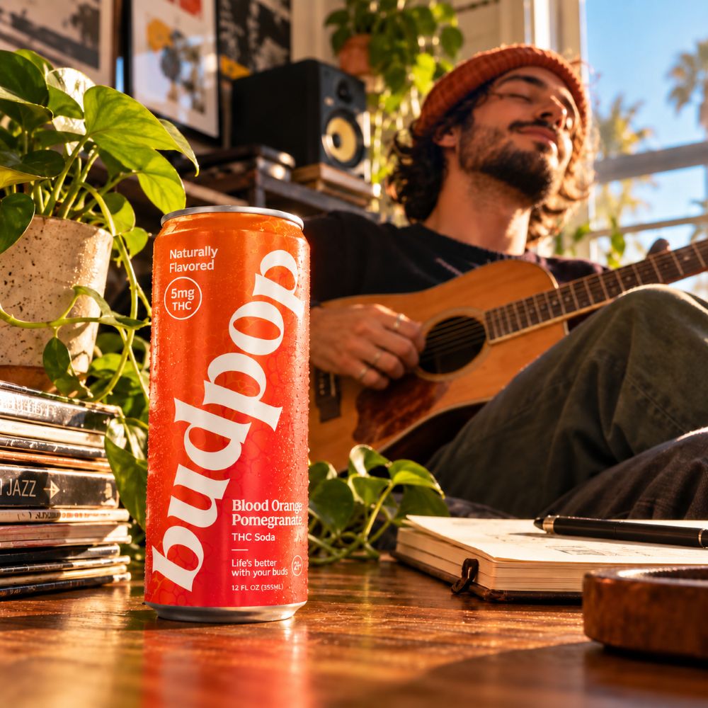 Blood Orange Pomegranate THC Soda guitar player in sunlit home studio with blood orange pomegranate budpop thc soda