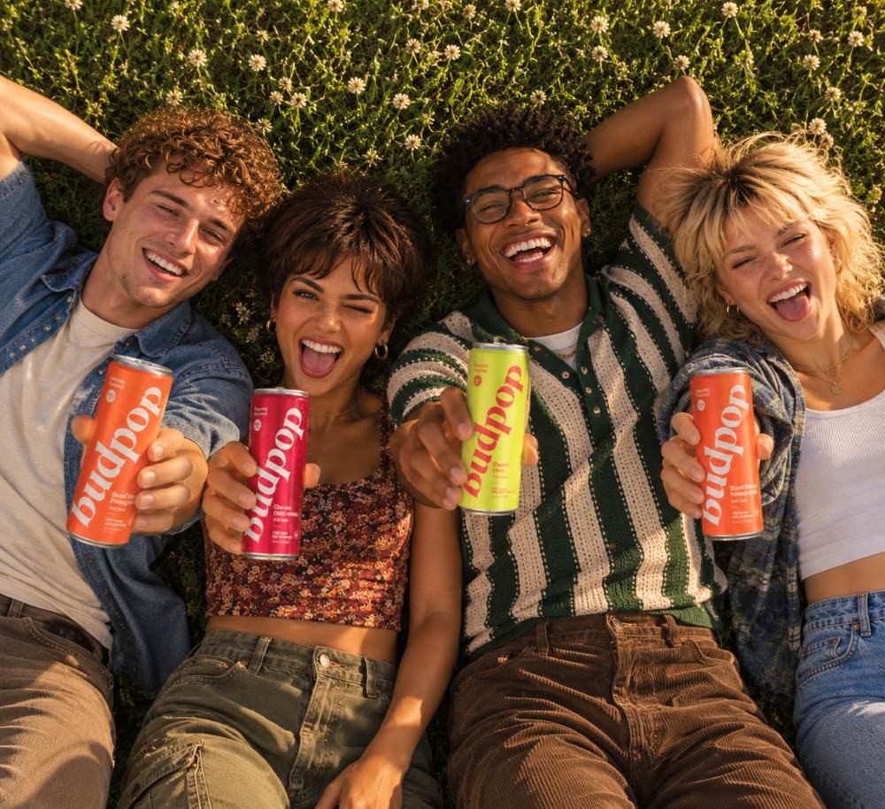 overhead shot of friends on a field toasting budpop thc sodas