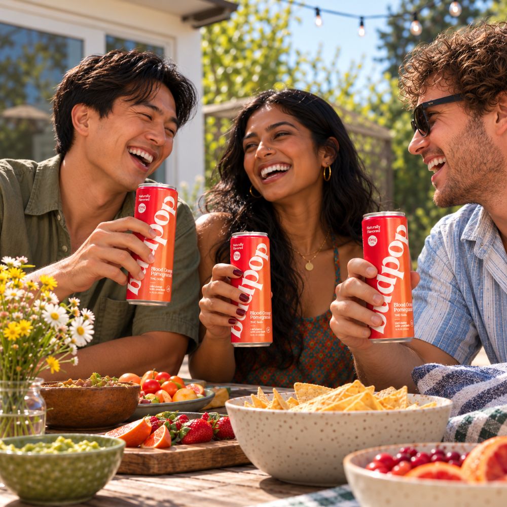 Blood Orange Pomegranate THC Soda three friends enjoying lunch outside drinking blood orange pomegranate budpop thc soda