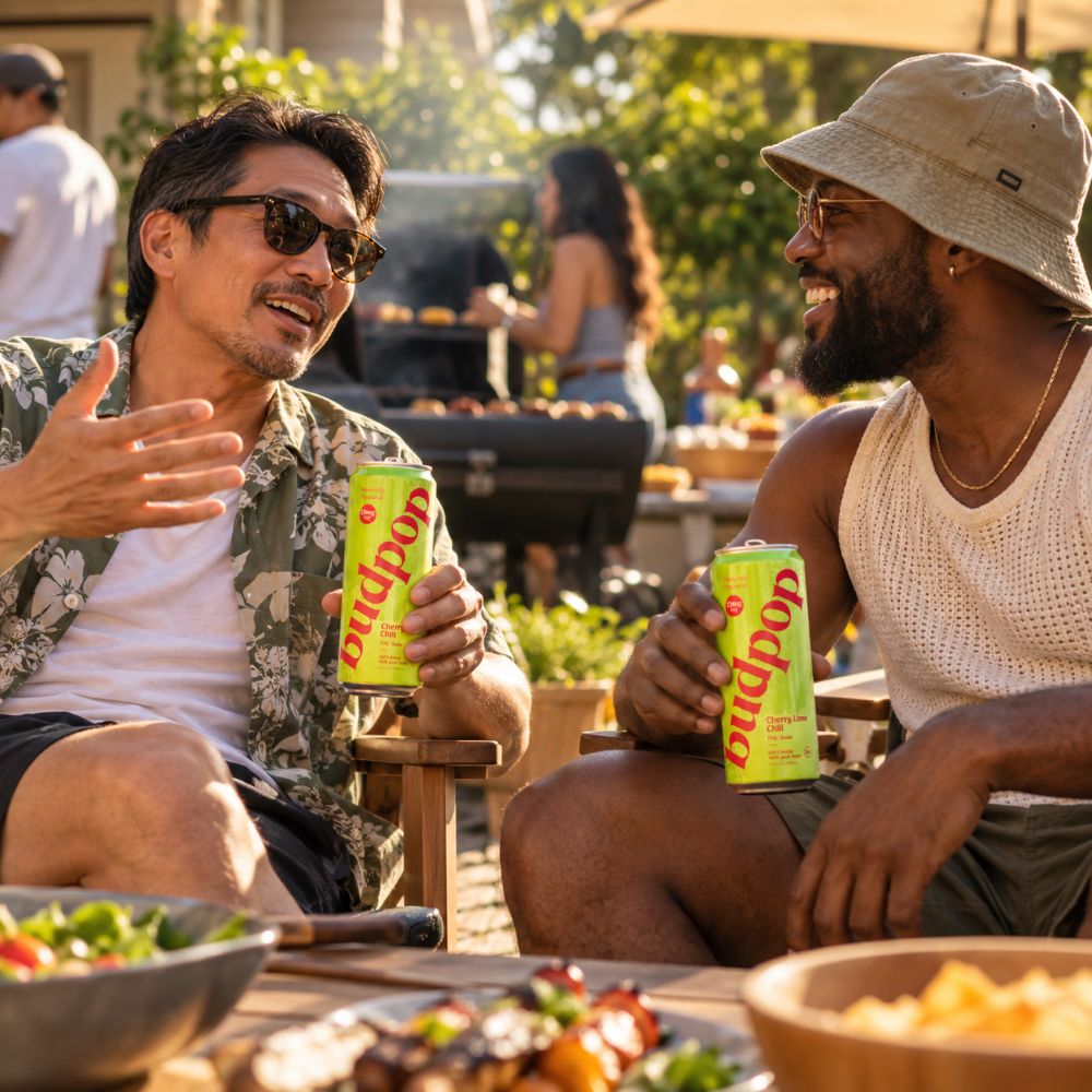Cherry Lime Chill THC Soda two dope dudes chilling at the cookout with cherry lime chill in hand
