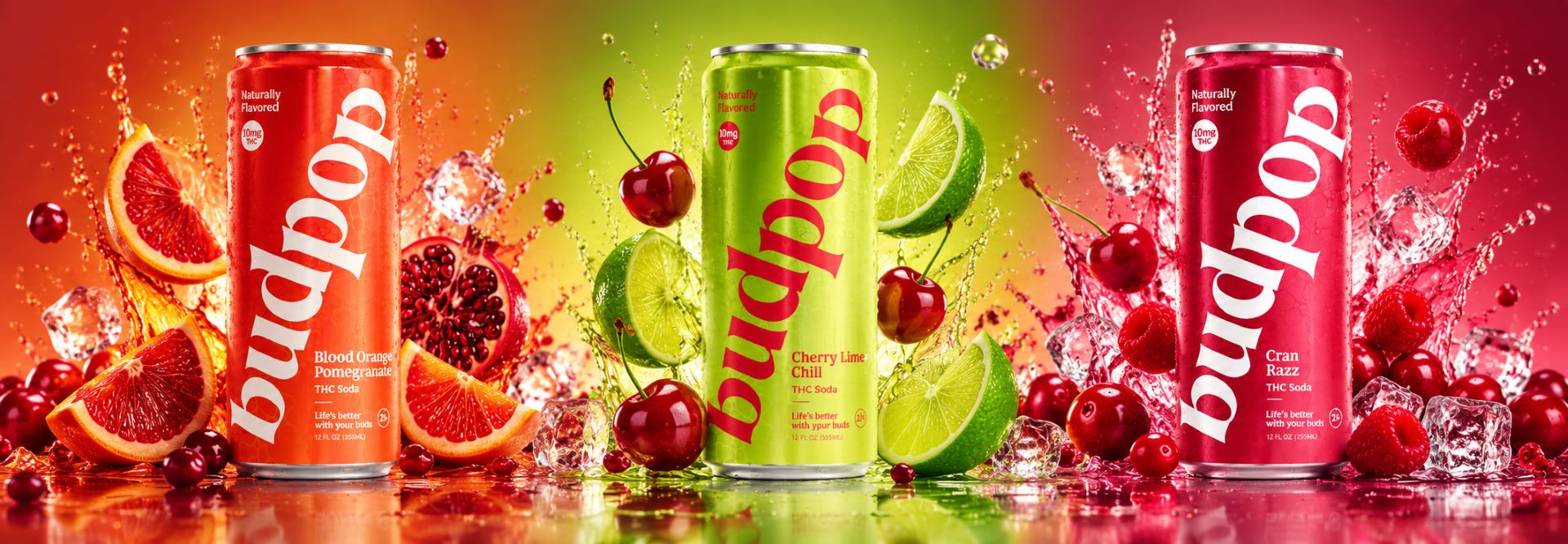 vibrant budpop thc soda trip splash banner with fruits