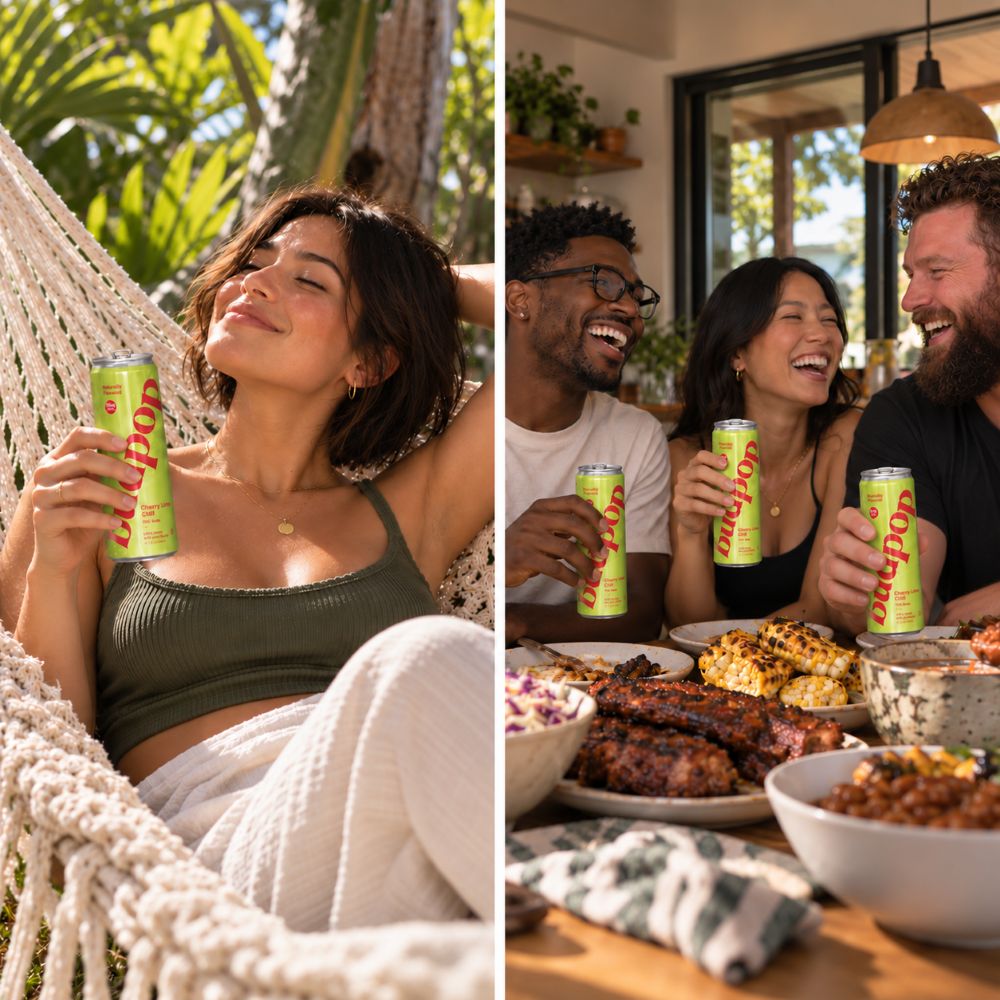woman in hammock and three friends eating bbq with cherry lime chill budpop thc soda