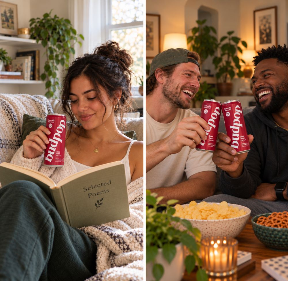 woman reading a book and black and white man doing a cheers with budpop cran raz thc soda