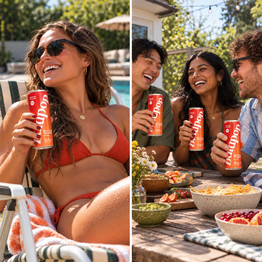 woman sunbathing and three friends eating outside blood orange pomegranate thc soda